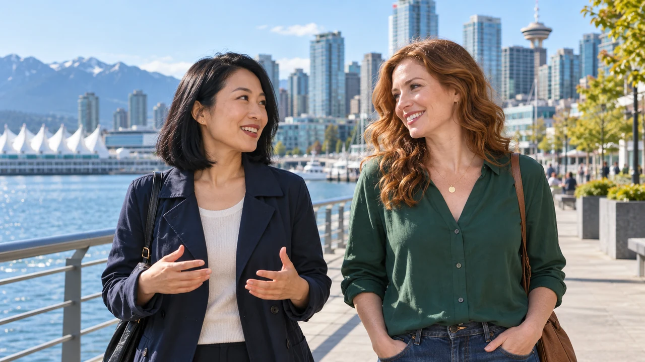 Asian and Western women talking on a waterfront promenade