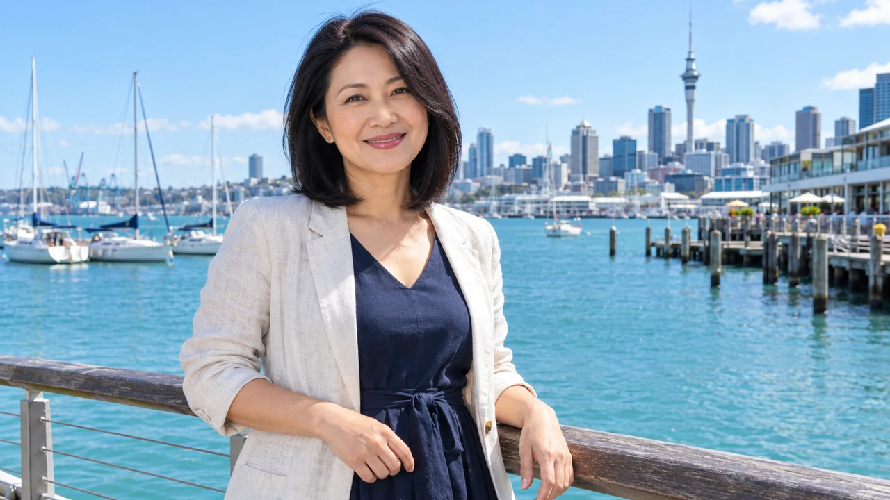 Asian woman smiling beside Auckland waterfront in New Zealand