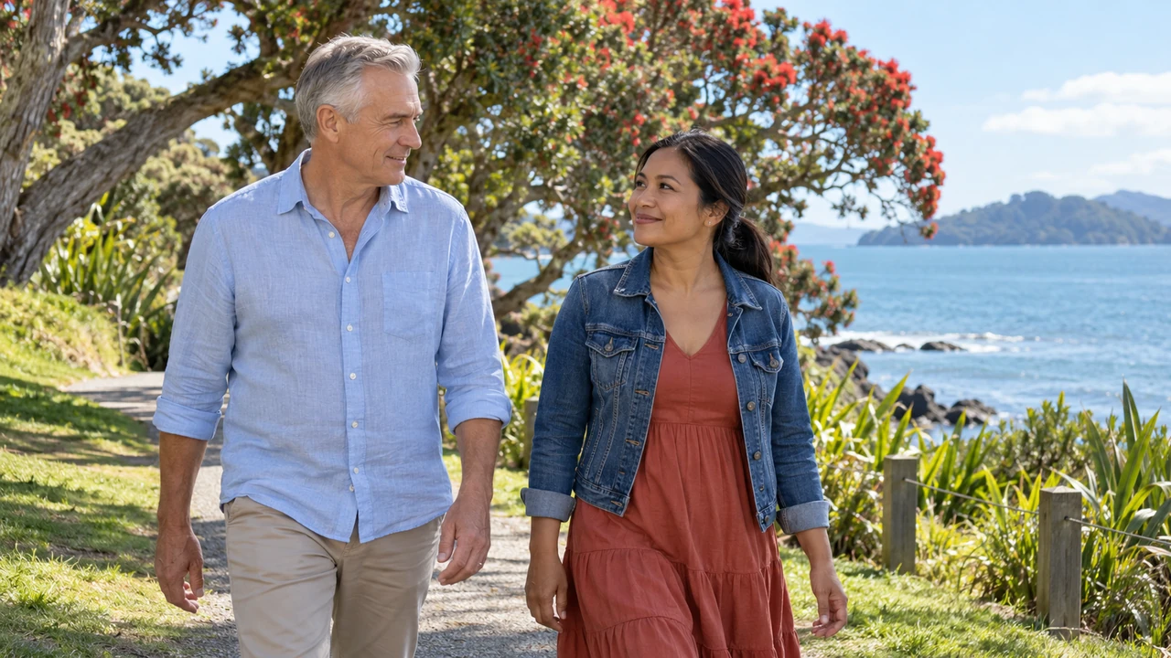 New Zealand man and Asian woman talking during a walk in a coastal park
