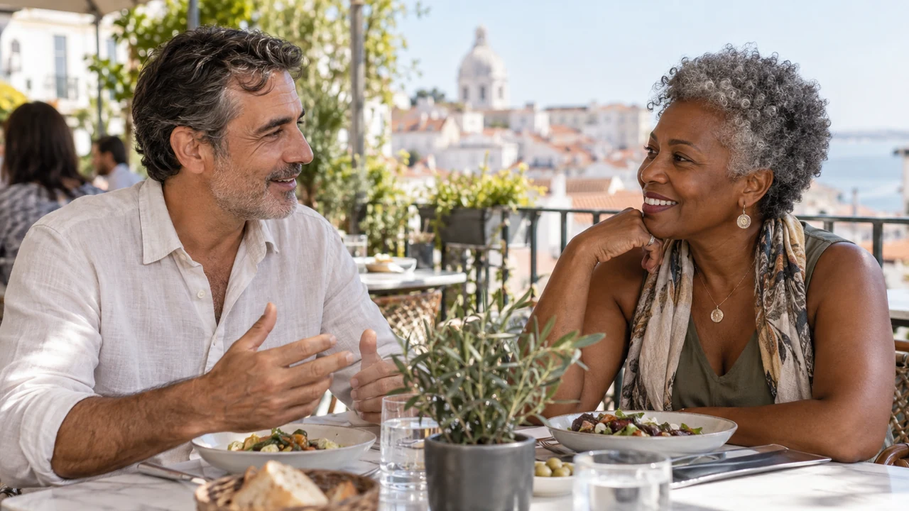 First date after 50 for a mature man and woman in a relaxed cafe