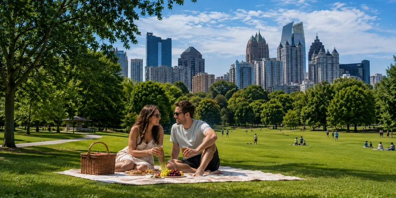 Couple enjoying a picnic at Piedmont Park in Atlanta