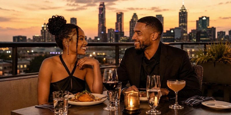 Romantic dinner date at a rooftop restaurant in Atlanta, Georgia