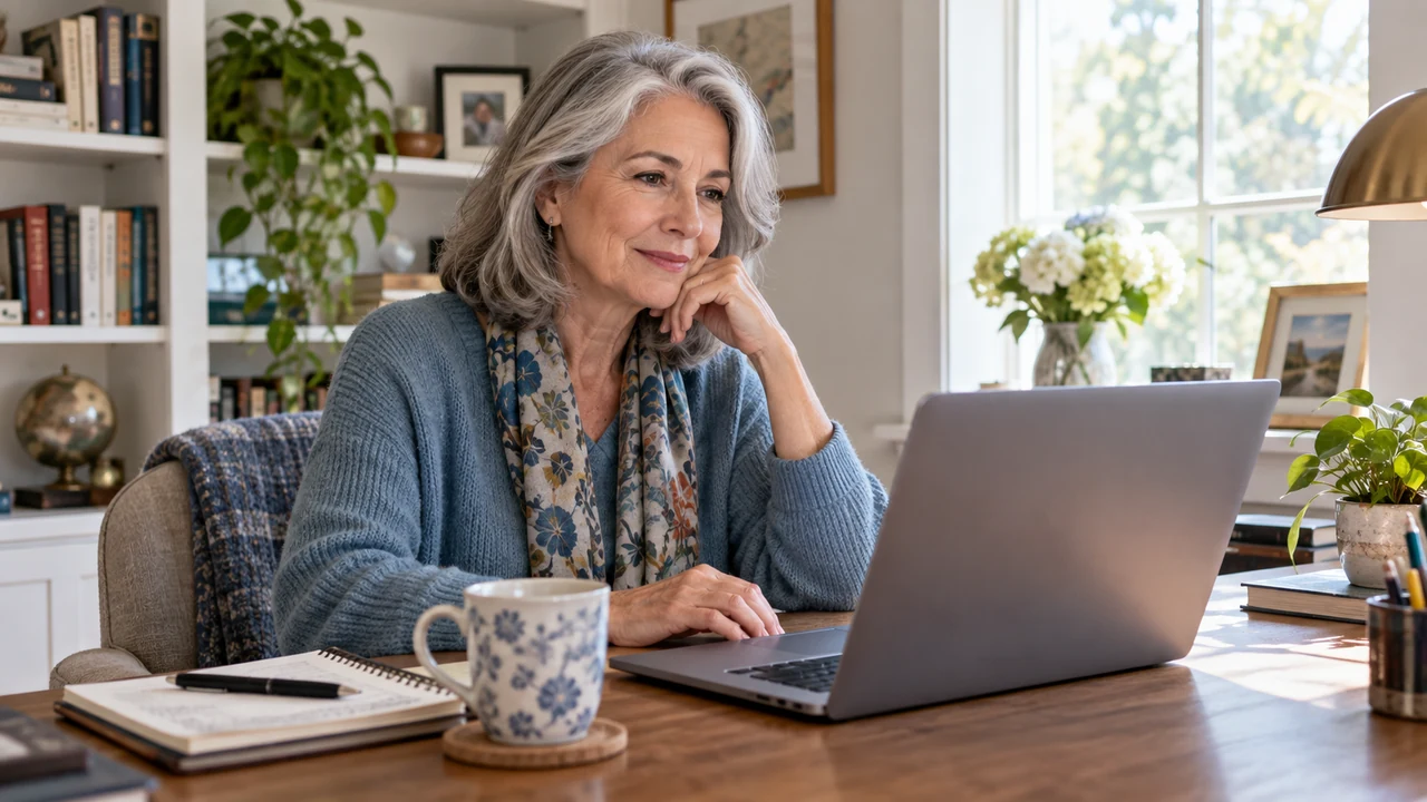 Online dating safety after 50 with a mature woman assessing a video conversation