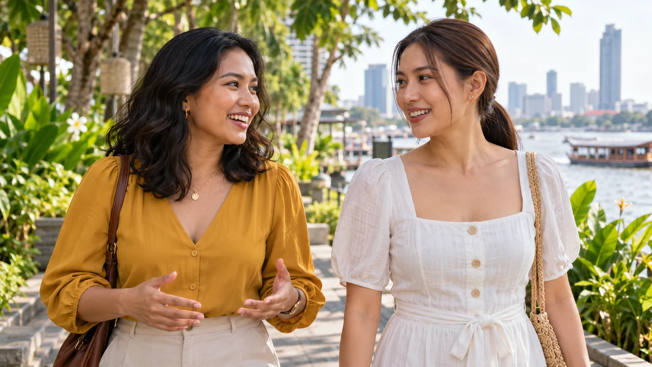 Filipina and Thai women talking in a modern tropical riverside garden