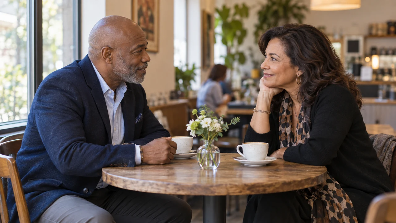 First date after 50 with a mature couple talking comfortably at a cafe