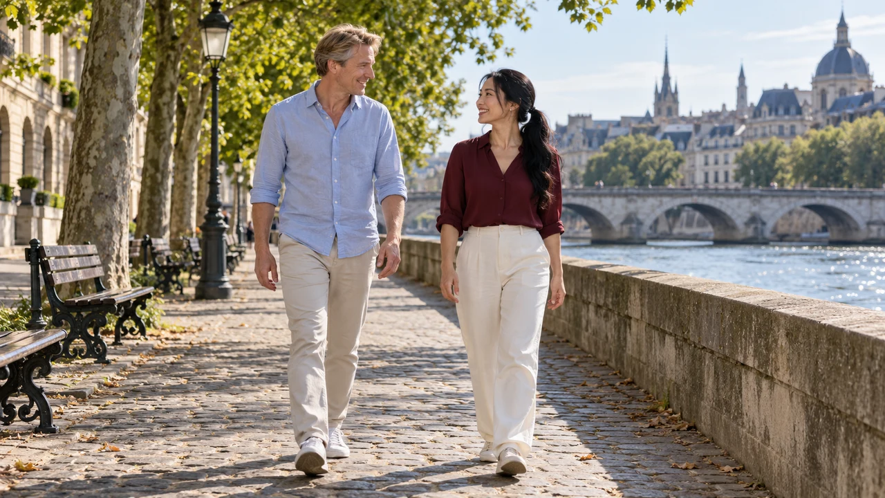 First in-person meeting with a foreign girlfriend on a public riverside walk