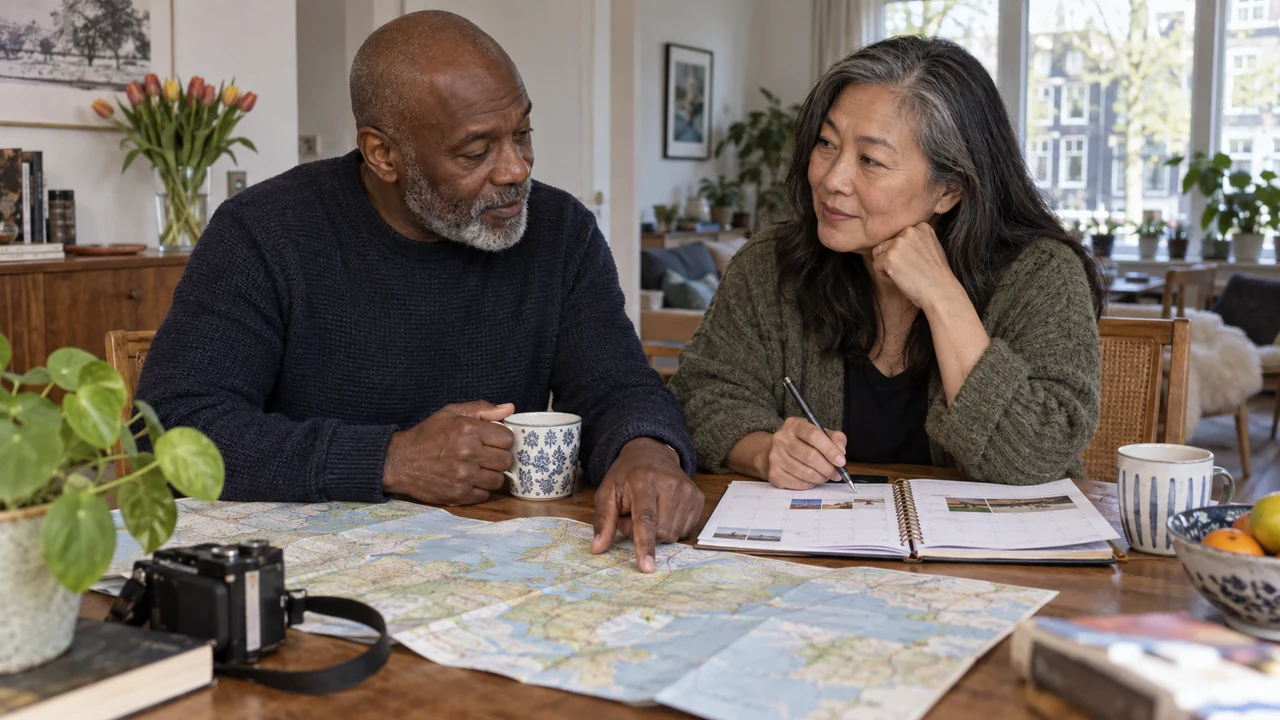 Couple planning a serious relationship after 50 through travel and shared time