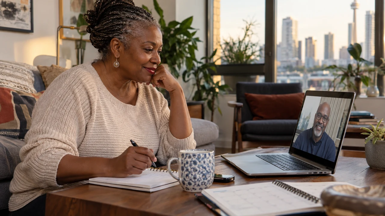 Woman over 50 showing consistent effort through a planned video call