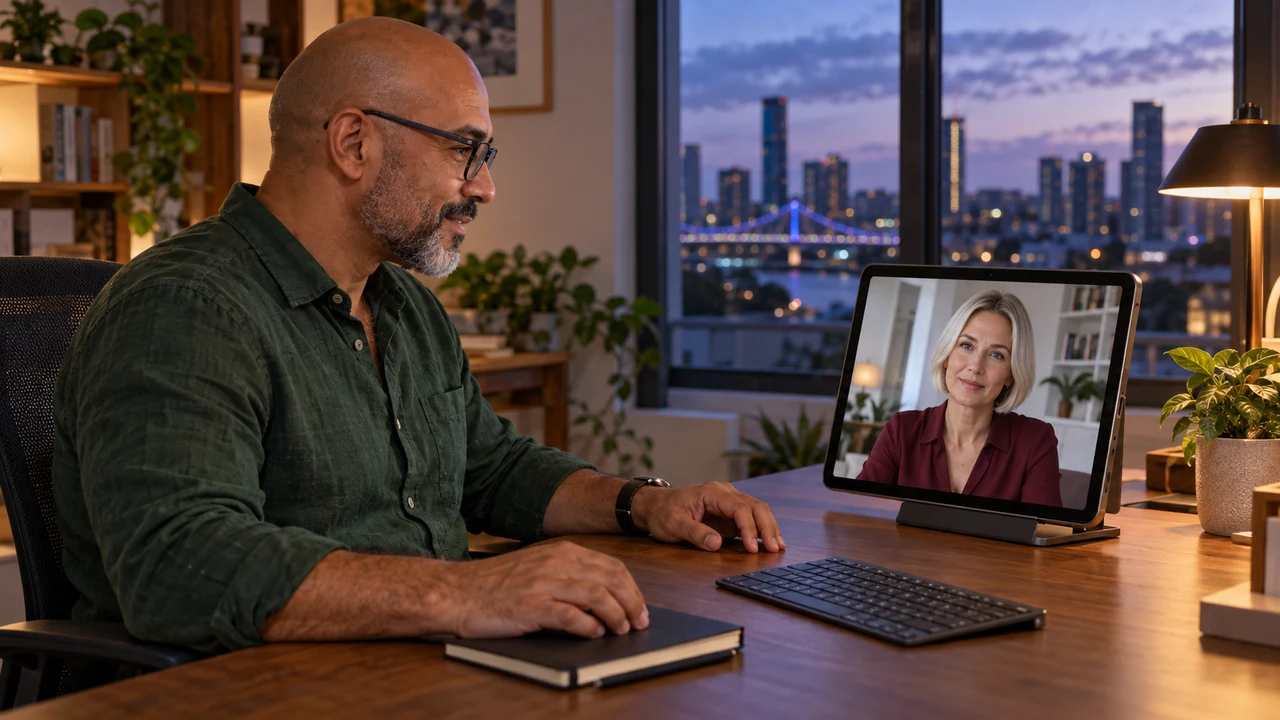 Australian man planning a video call with an Eastern European woman