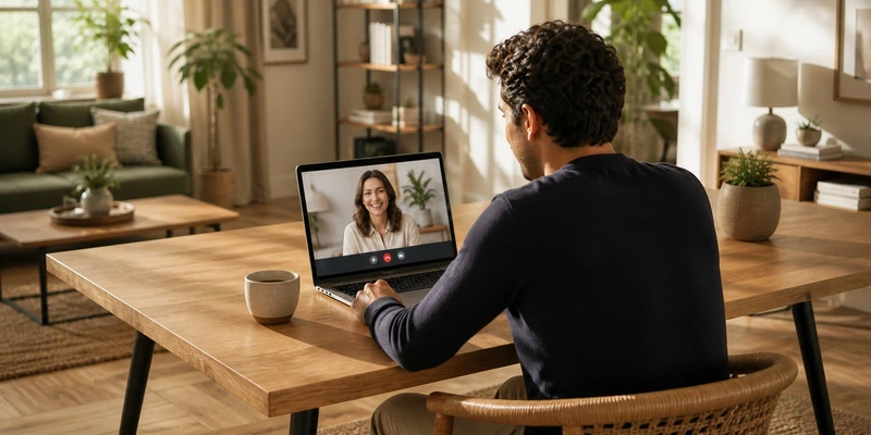 American man having a video chat with a Ukrainian woman
