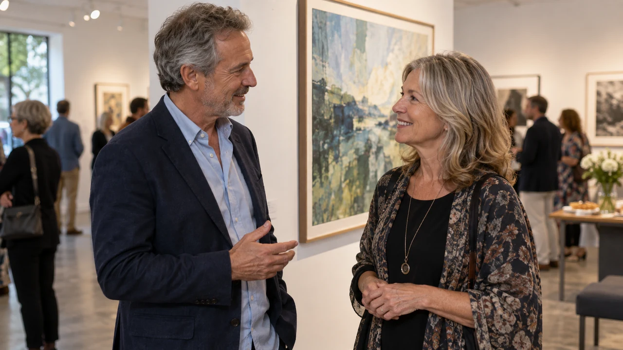 Mature man meeting a woman after 50 at a relaxed cultural event