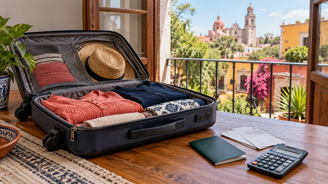 International dating travel budget with suitcase, receipts, and calculator in Mexico