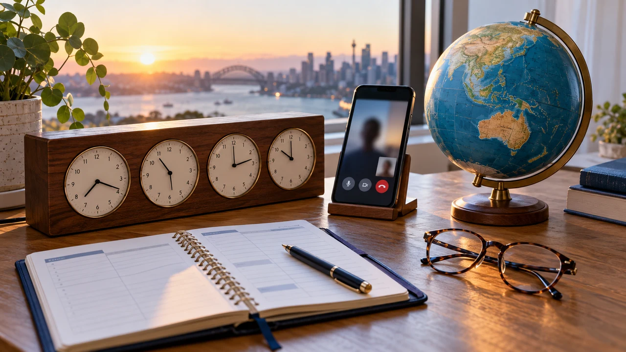 Australian man over 50 planning an overseas video call across time zones
