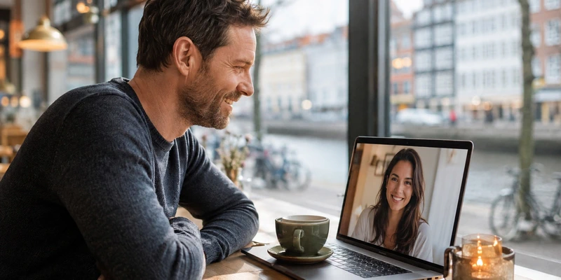 Danish man using video chat in an international relationship
