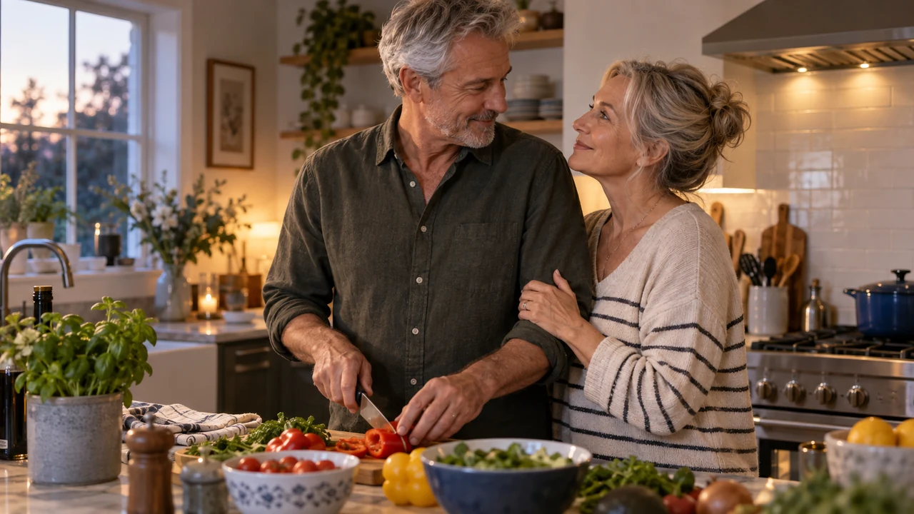 Intimacy in a new relationship after 50 with a mature couple building trust at home