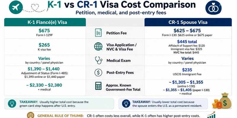 K-1 vs CR-1 visa cost comparison chart â€” petition, medical, and post-entry fees