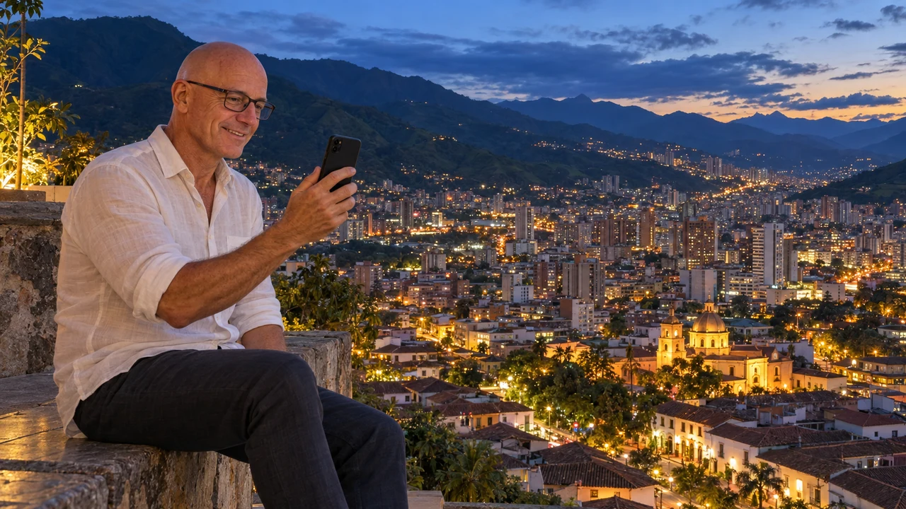 Australian man using his phone with a Latin American city view
