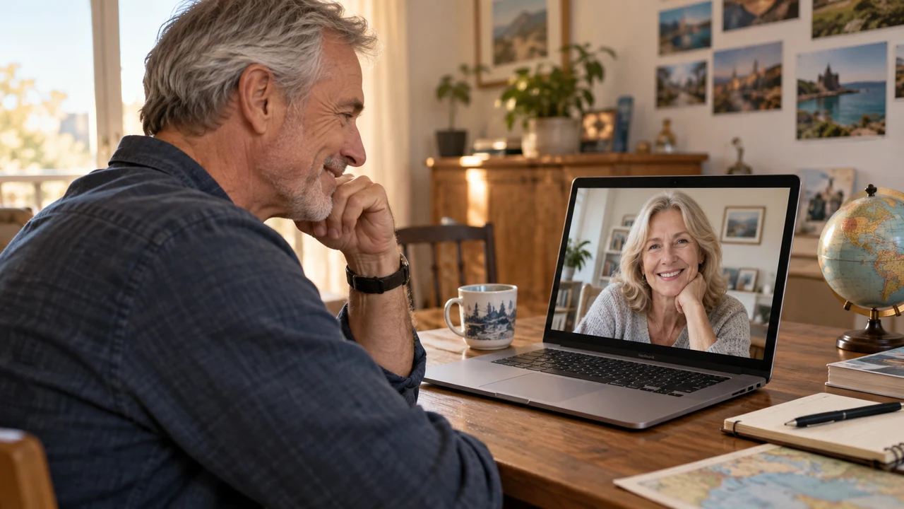 Mature couple maintaining a long-distance relationship through a video call