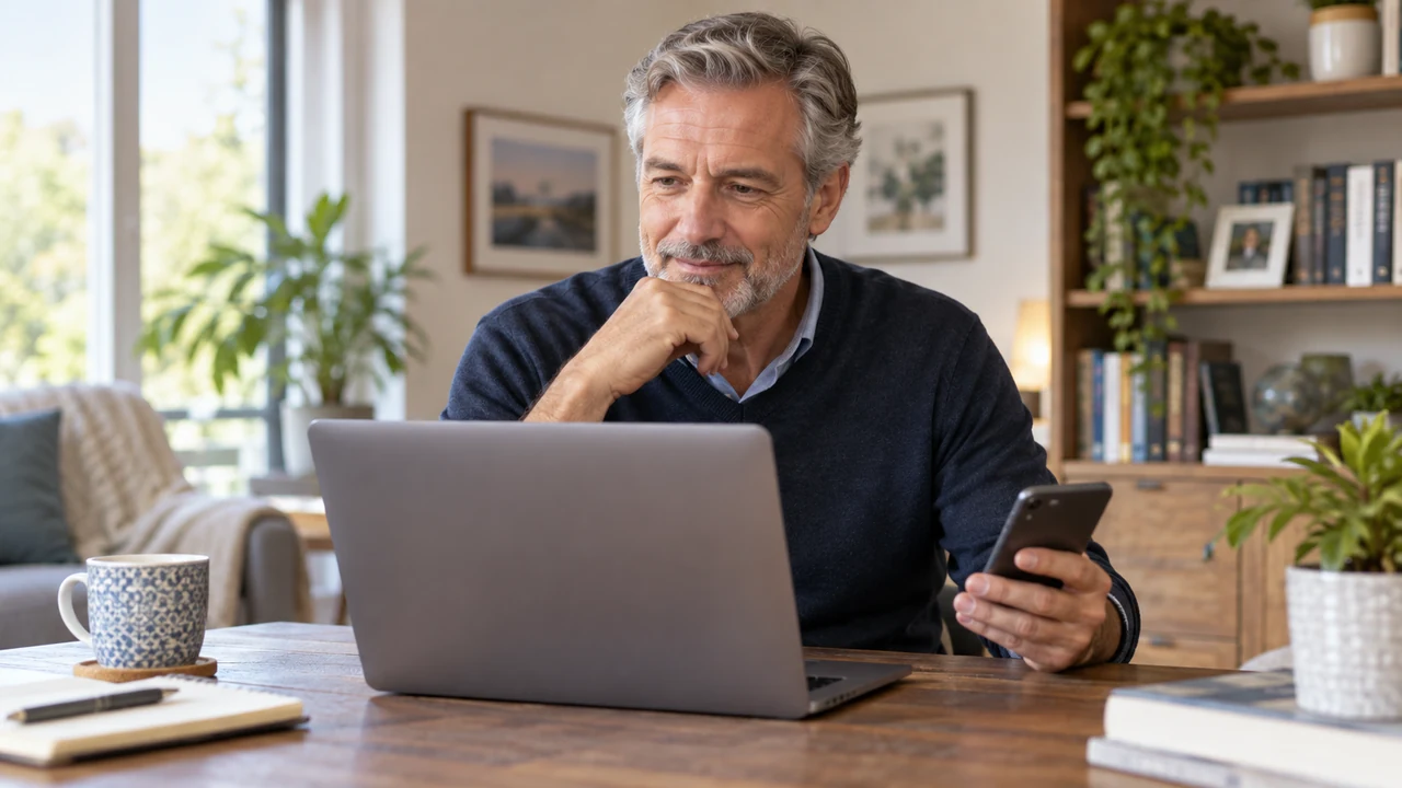 Mature man reviewing online dating safety and privacy before replying