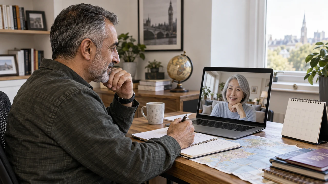 Video call before travel to meet an online partner after 50