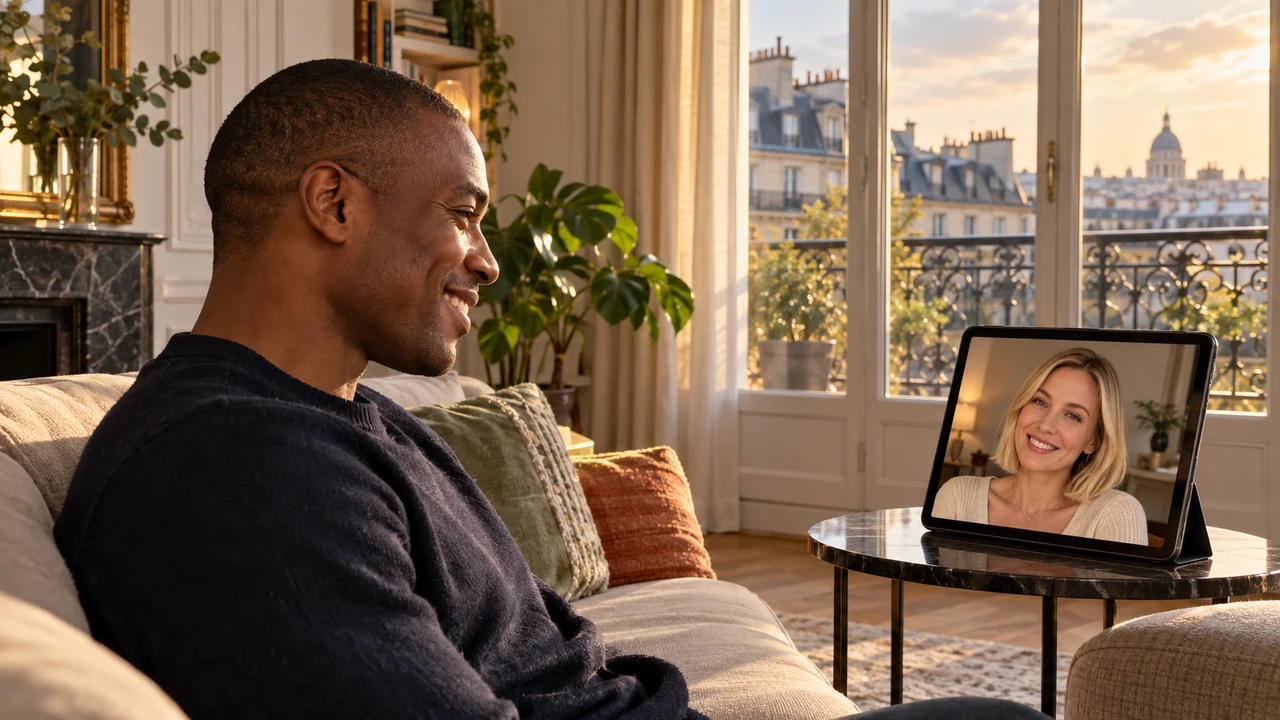 French man having a video date from a Paris apartment