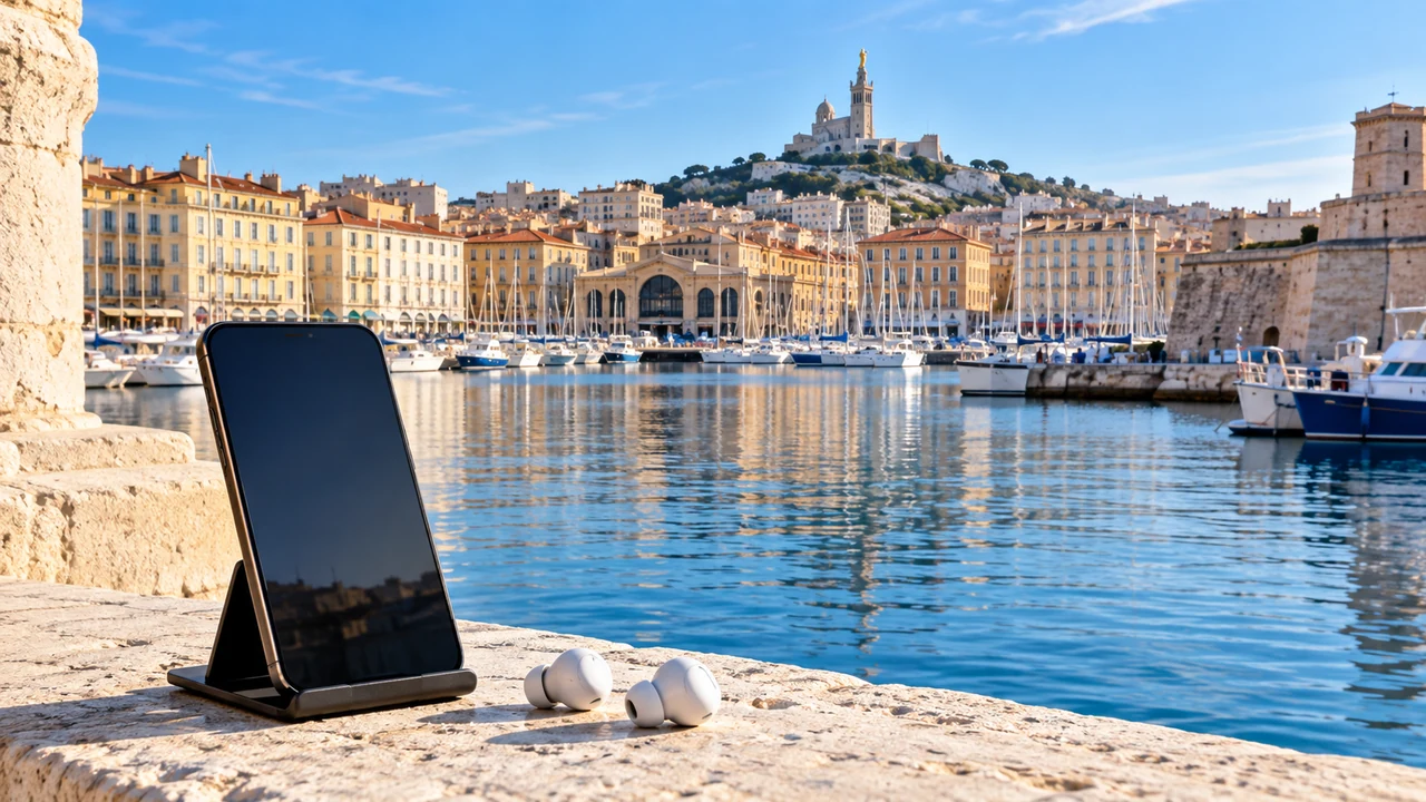 Smartphone prepared for a video date on the Marseille seafront