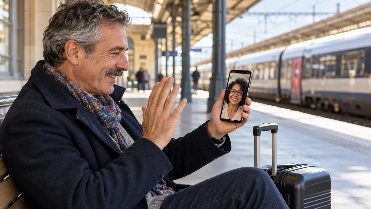 French man making a video call before train travel in Bordeaux