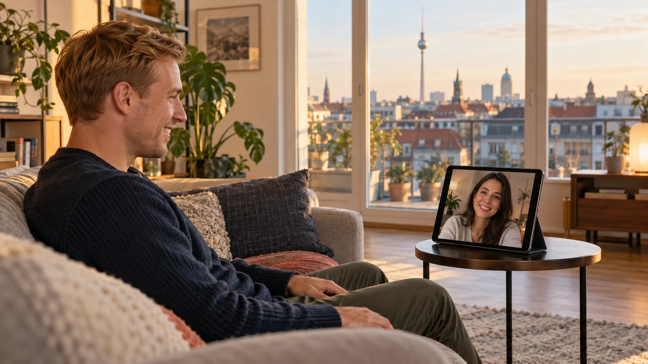 German man having a video date from a Berlin apartment