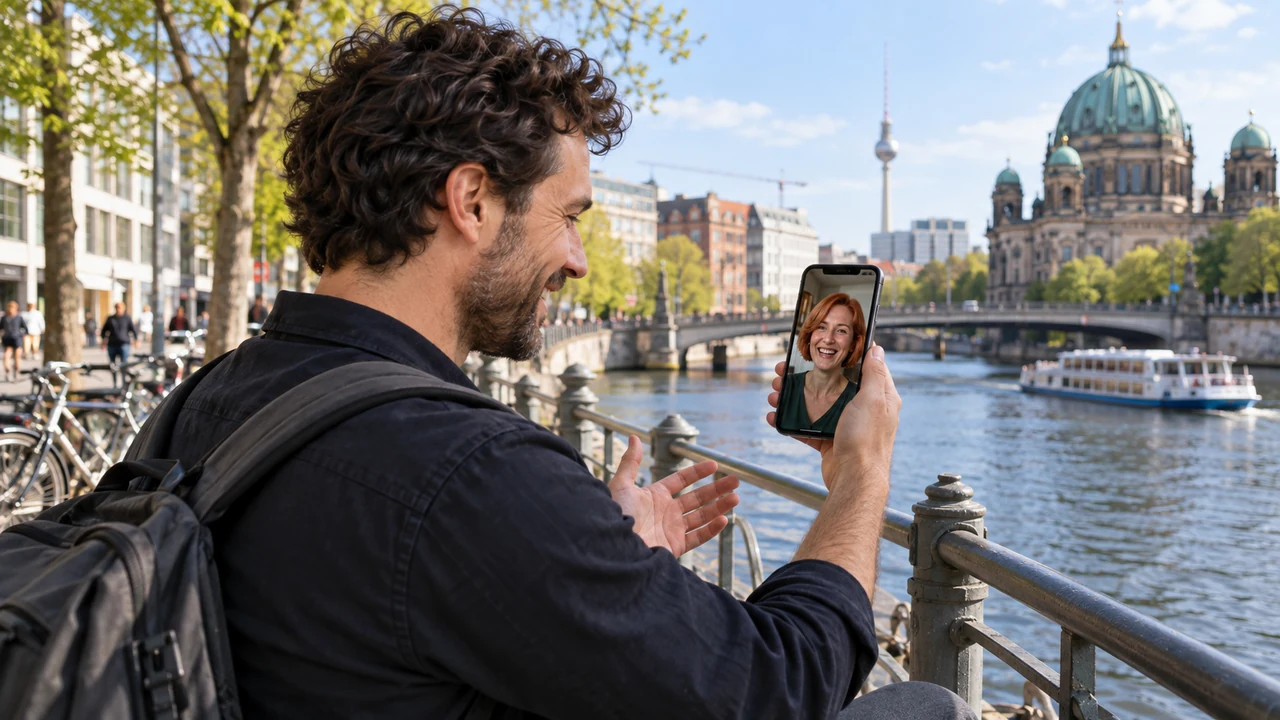 German man having a Berlin riverside video date