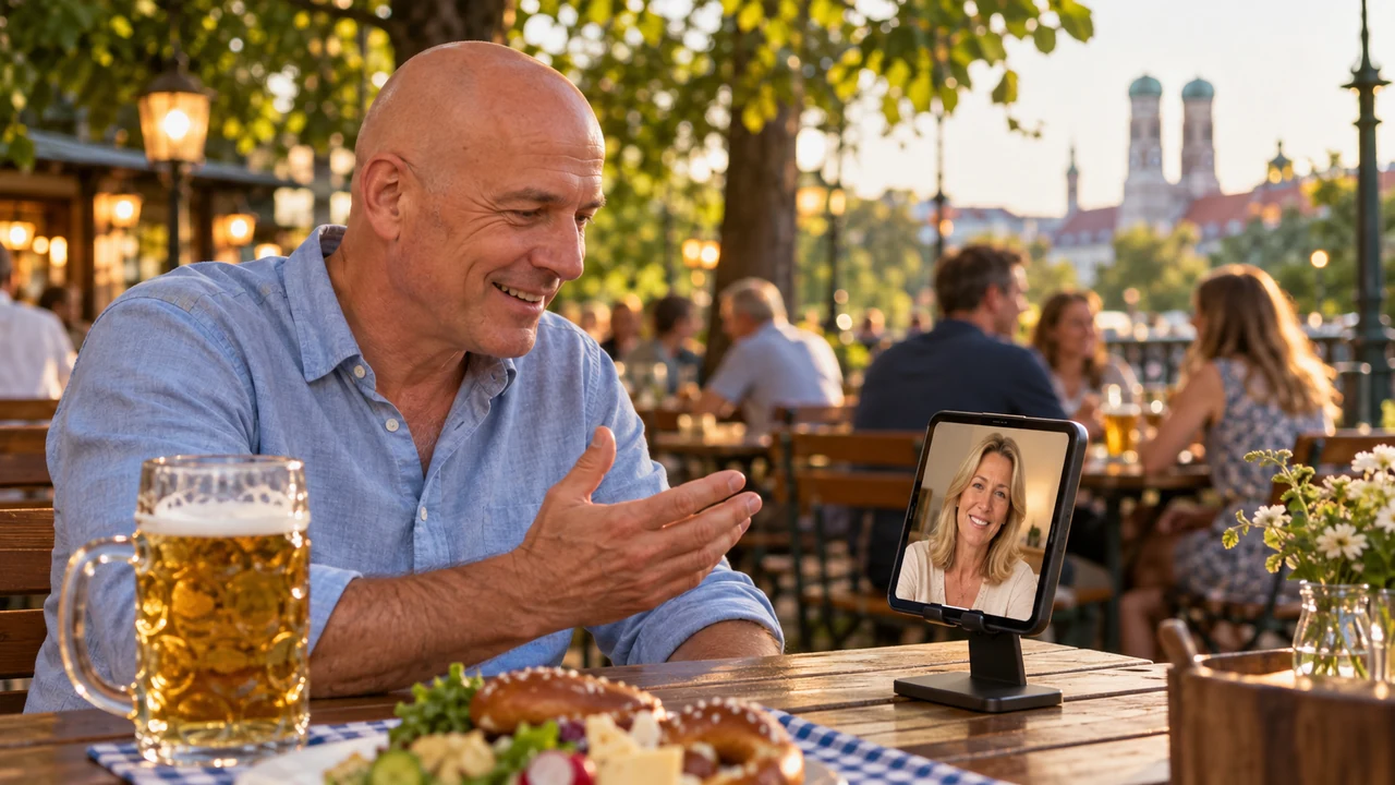 German man on a video date in a Munich beer garden