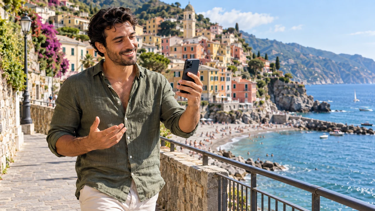 Italian man having a seaside video date on the Ligurian coast