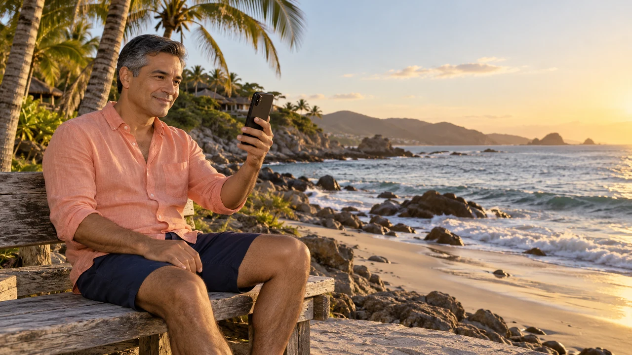 Mexican man on a phone video date from the beach