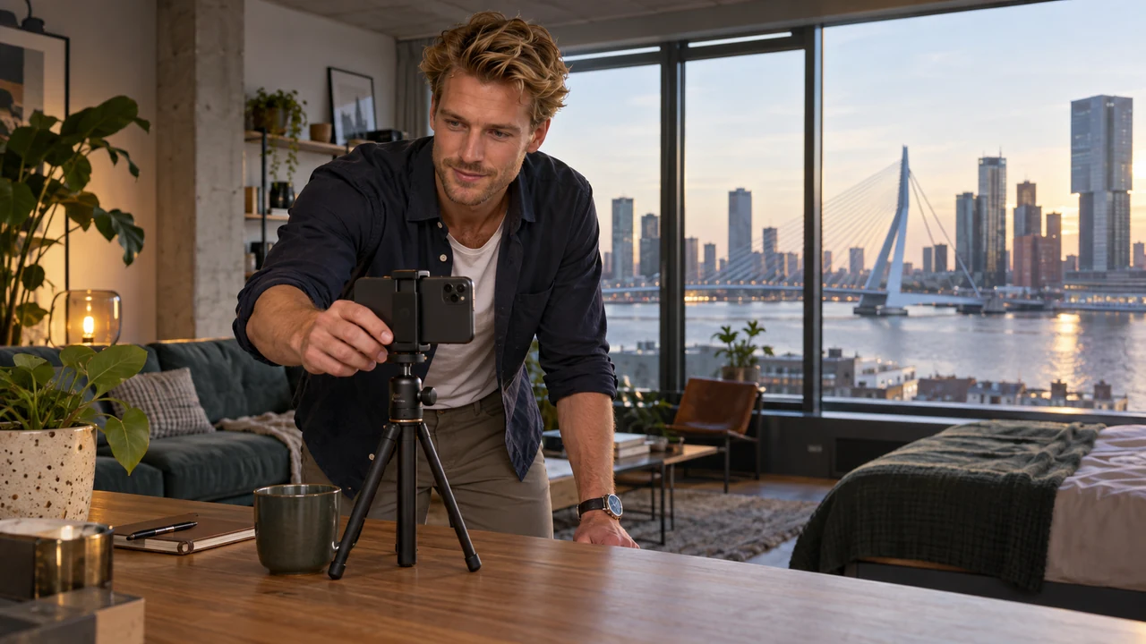 Dutch man preparing for a first video date in Rotterdam