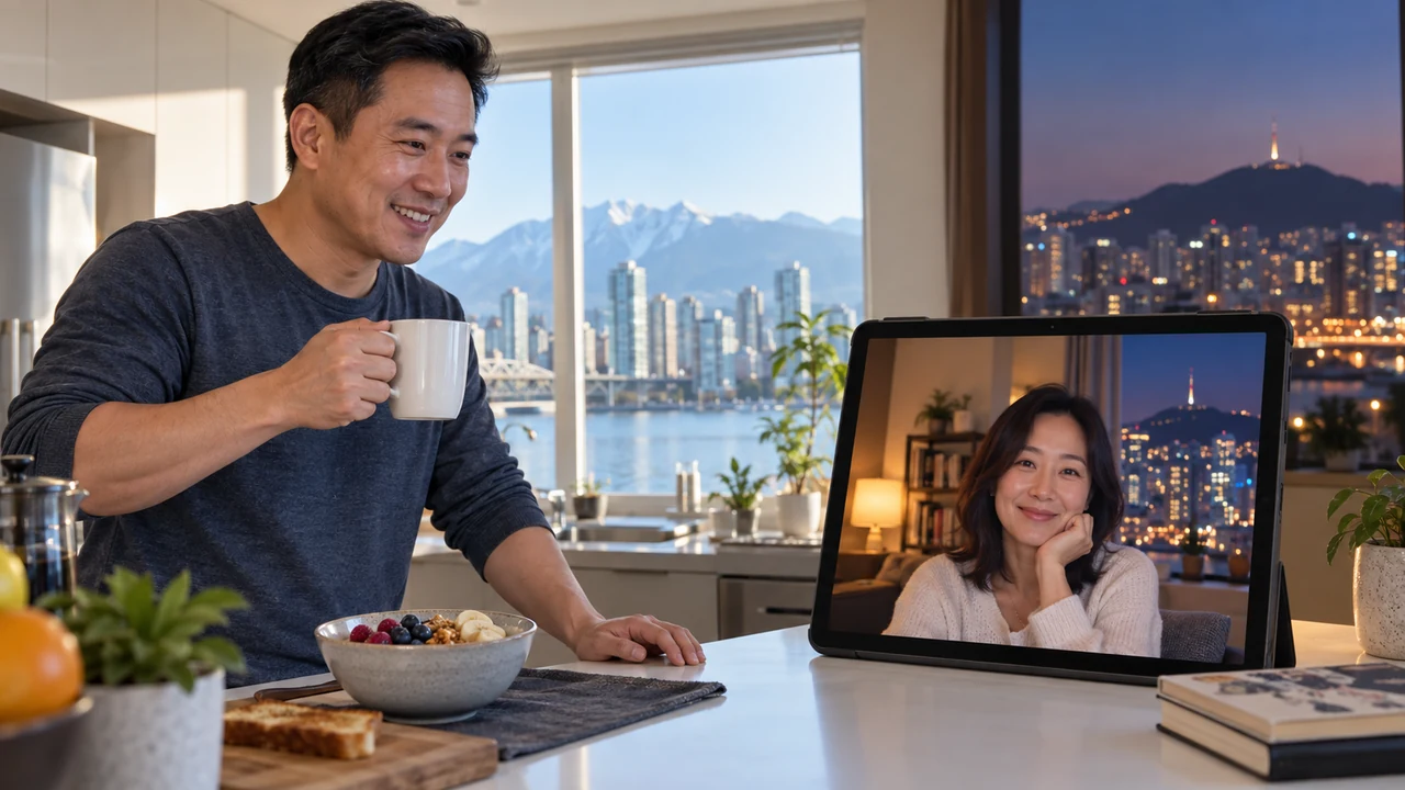Canadian man and South Korean woman planning video chat across different time zones