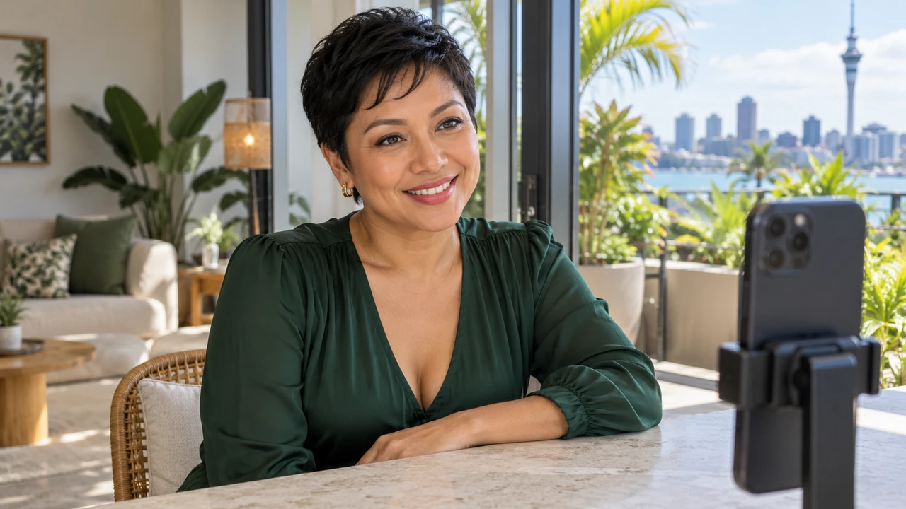 Asian woman smiling toward a smartphone while preparing for a video date