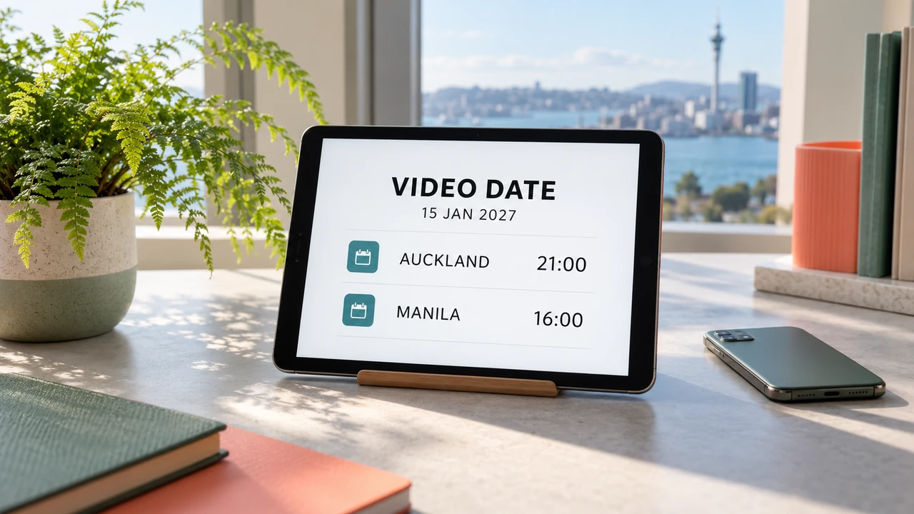 Illustrative video date calendar showing Auckland at 21:00 and Manila at 16:00 on 15 January 2027