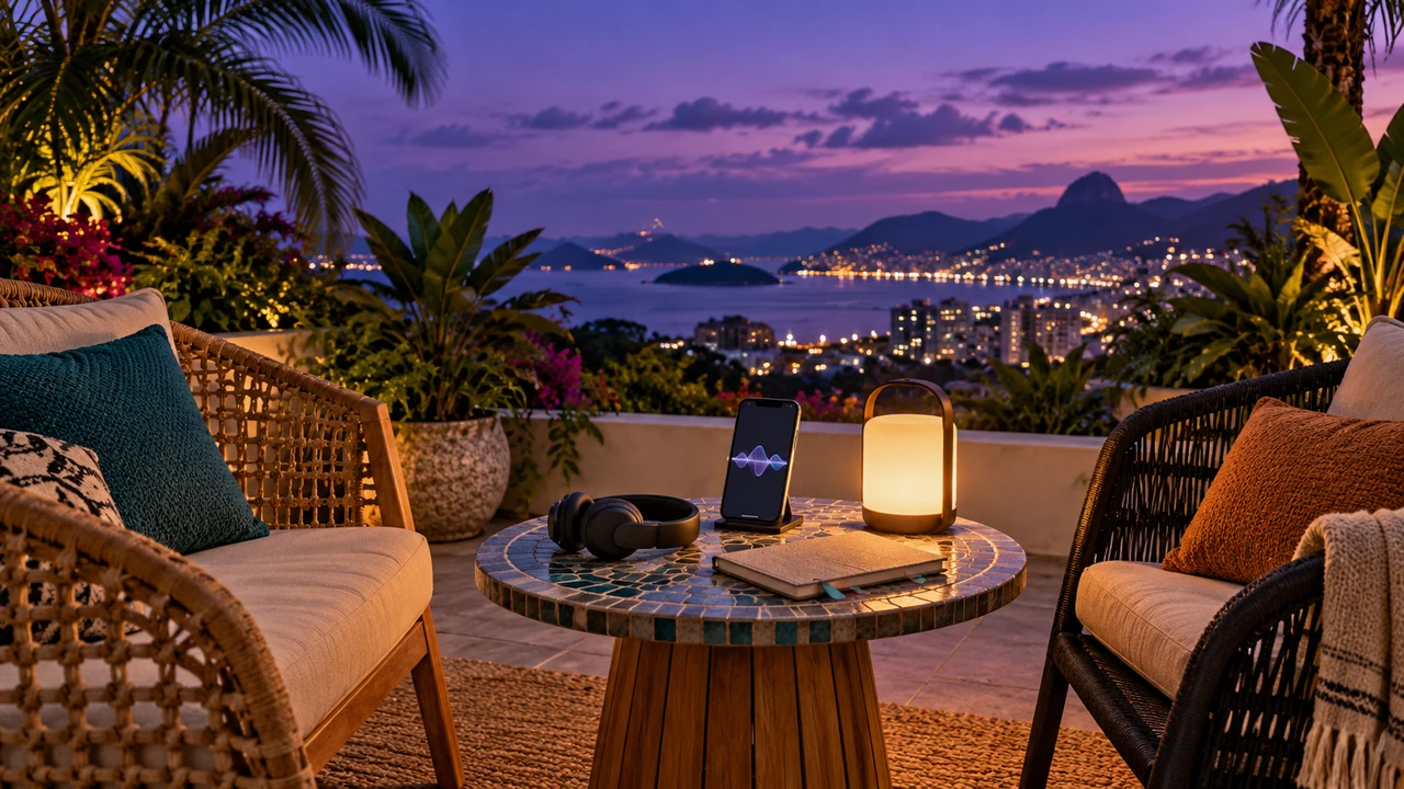 Open-air Australia Latin video date setup with headphones and a private terrace