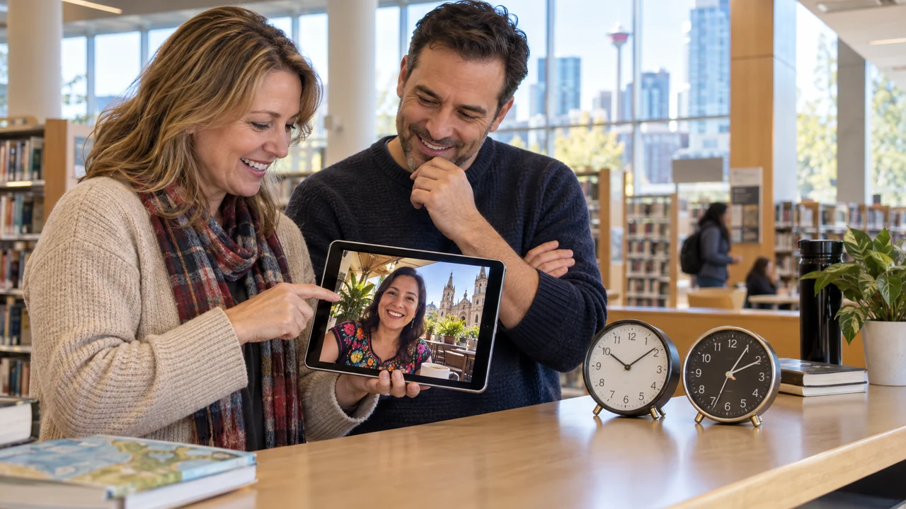 Canadian man scheduling video chat across Canada and Latin America time zones