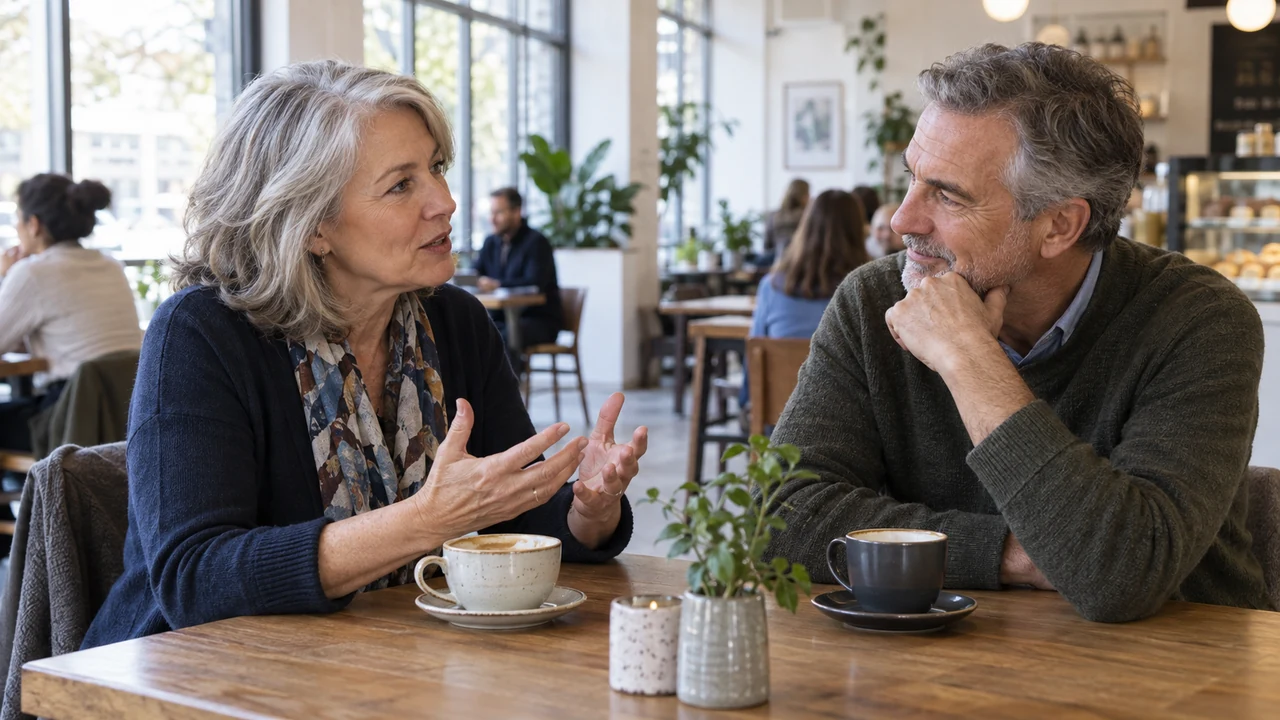 Emotional maturity in a man listening attentively to a woman over 50